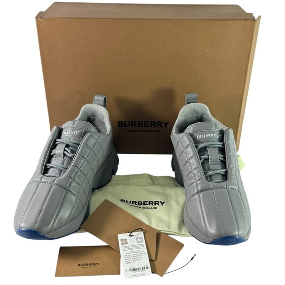 $850 BURBERRY Grey Leather Auxburton Quilted Women Sneakers Made in Italy 39/9US - Picture 1 of 12